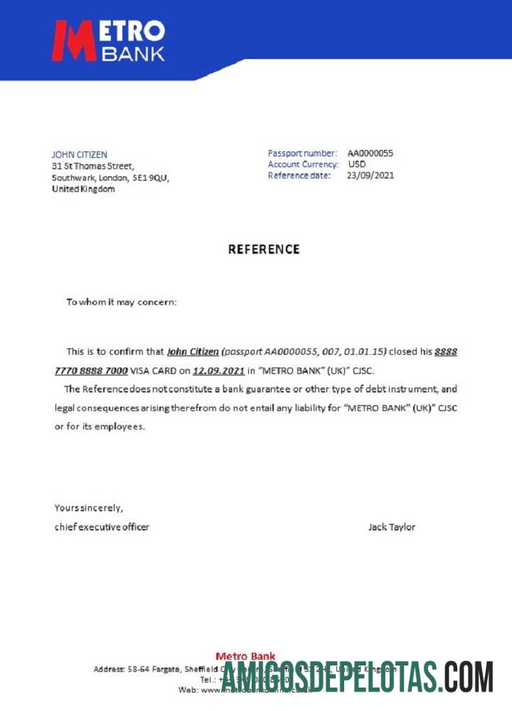 Referência de fechamento do Metro Bank do Reino Unido amostra